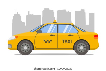 Taxi yellow car cab sedan.City skyline skyscrapers.Service transport icon.Vehicle side view. Isolated on a white background.