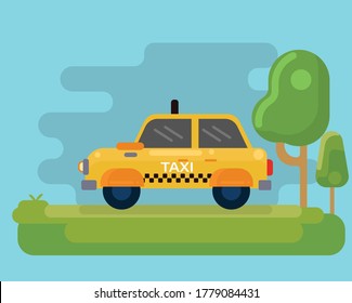 Taxi Yellow Car Cab Vector Iluustration, Yellow Taxi with Blue Background, Cute Yellow Car Cab for Kids Animation, Flat Design