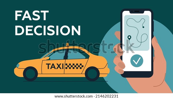 Taxi. Yellow car and\
mobile phone in hand. Mobile application for calling a taxi.\
Concept. Vector image.