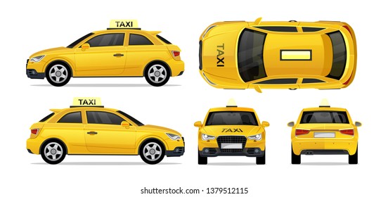 Taxi yellow car with side, front, back and top. City transport taxi icon set for mobile, web, promotions. Taxi cab isolated on white background.hi-Detailed service vehicle vector mockup template