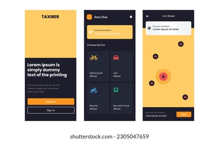 Diseño de interfaz de usuario de aplicaciones móviles Taxiber diseño de tres pantallas negro y amarillo