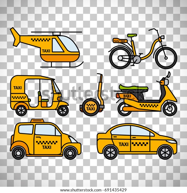 Taxicab\
and london cab, baby taxi and tuk-tuk rickshaw, helicopter taxi and\
bicycle taxi isolated on transparent\
background