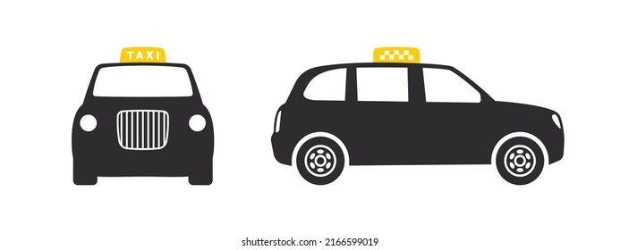 Taxicab. Taxi service banner elements. Taxi car front and side view. Vector icons