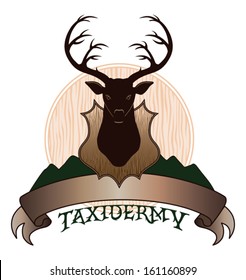 Taxidermy Design is an illustration of a taxidermy design template. Includes a mounted deer and a banner for your text. 