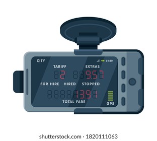 Taximeter Device, Electronic Measurement Appliance with Buttons and Screen for Taxi Car Vector Illustration on White Background