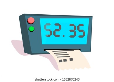 Taximeter with receipt flat vector illustration. Electronic device isolated clipart on white background. Calculating passenger fare in taxicab. Measurement appliance with buttons and price on screen