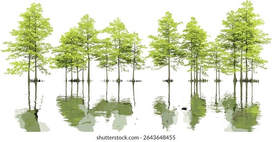 Taxodium ascendens pond cypress isolado recorte de árvore, ilustração vetorial, conífera de pântano, planta de floresta de pântano, espécies de árvores nativas dos EUA, vegetação tolerante a enchentes, flora natural.