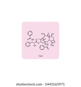 Taxol skeletal structure diagram.Diterpenoid compound molecule scientific illustration on pink background.