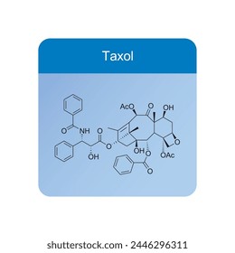 Taxol skeletal structure diagram.Diterpenoid compound molecule scientific illustration on blue background.