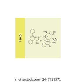 Taxol skeletal structure diagram.Diterpenoid compound molecule scientific illustration on yellow background.