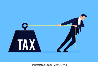 Taxpayer. Businessman is pulling a huge weight with a tax. Business concept taxpayer in a flat style. Vector illustration.