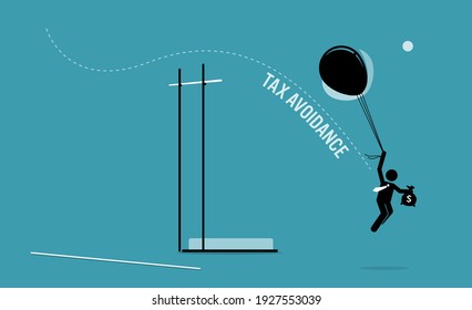 Taxpayer with money flying over a pole vault high bar with balloons to avoid paying tax. Vector illustration concept of tax avoidance, evasion, tax exemption, and escaping audit.