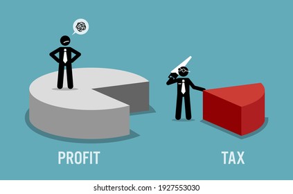 Taxpayer unhappy with business revenue or profit being taxed by the government IRS. Vector illustration concept of tax return obligation, financial burden, taxation, and auditor. 