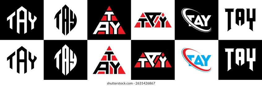 TAY letter logo design in six style. TAY polygon, circle, triangle, hexagon, flat and simple style with black and white color variation letter logo set in one artboard. TAY minimalist and classic logo