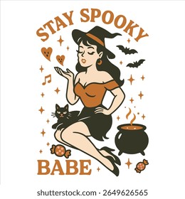 Tay Spooky Babe - Trending Retro Halloween T-shirt Vector, Spooky Halloween Illustration, Scary Holiday Sayings, Funny Spooky Vibes Design