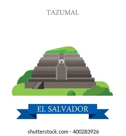 Tazumal in El Salvador. Flat cartoon style historic sight showplace attraction web site vector illustration. World countries vacation travel Central America sightseeing collection.