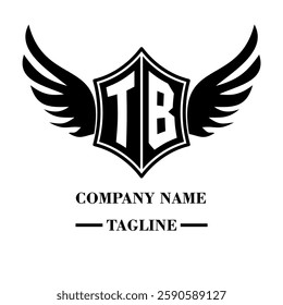 TB bold shield logo with wings, customizable with letters A to Z. Perfect for brands seeking a powerful symbol of strength, freedom, and ambition