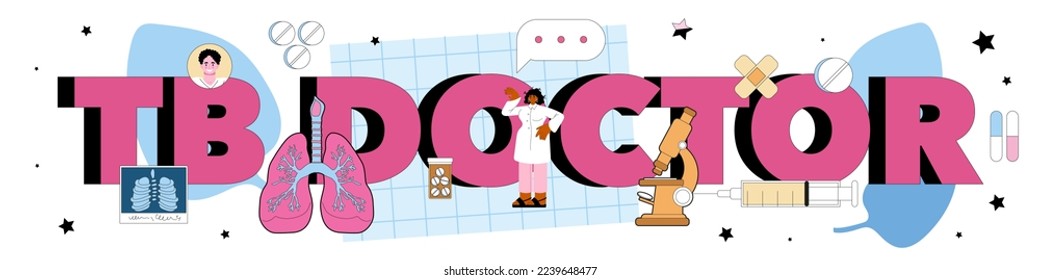Encabezado tipográfico del médico de TB. Diagnóstico y tratamiento de enfermedades del sistema pulmonar humano. Físico revisando pulmones humanos en fluorografía. Ilustración vectorial plana