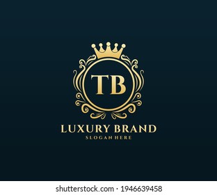 TB Initial Letter, Gold text with feminine floral hand drawn heraldic monogram, Antique vintage style luxury logo design.