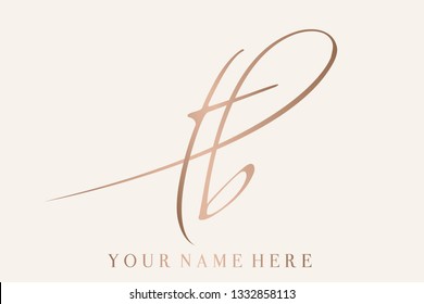 TB monogram.Signature style logo with lowercase script letter t and letter b.Calligraphic lettering icon in rose gold metallic color isolated on light background.Typographic wedding or beauty sign.