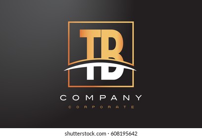 TB T B Golden Letter Logo Design with Swoosh and Rectangle Square Box Vector Design.
