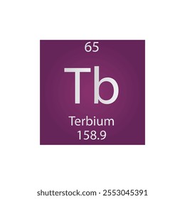 Tb Terbium Lanthanide Chemical Element Tabla Periódica. Ilustración vectorial cuadrada plana simple, icono de estilo limpio simple con masa molar y número atómico para laboratorio, ciencia o clase de química.