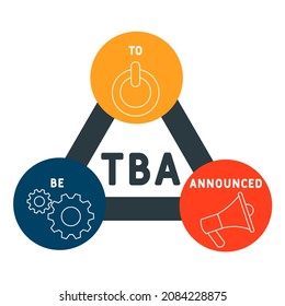 TBA - To Be Announced acronym. business concept background.  vector illustration concept with keywords and icons. lettering illustration with icons for web banner, flyer, landing 