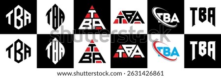 TBA letter logo design in six style. TBA polygon, circle, triangle, hexagon, flat and simple style with black and white color variation letter logo set in one artboard. TBA minimalist and classic logo