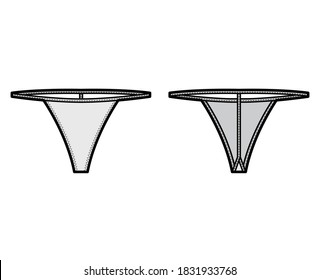 Ilustración técnica de moda de cadena T-back con baja elevación de cintura, sin cobertura de cadera de cintura elástica. Panties planos plantilla de lencería bikini color gris de fondo delantero. Mujeres hombres unisex ropa interior maquillaje CAD