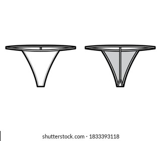 T-back string technical fashion illustration with low waist rise, no hips coverage, elastic waistband. Flat panties bikini lingerie template front, back, white color. Women unisex underwear CAD mockup