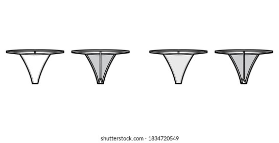 T-back string technical fashion illustration with low waist rise, no hips coverage, elastic waistband. Flat panties bikini lingerie template front back white grey color. Women men underwear CAD mockup