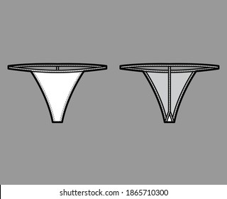 T-back string technical fashion illustration with low waist rise, no coverage, elastic waistband. Flat panties bikini lingerie template front, back, white color. Women men unisex underwear CAD mockup