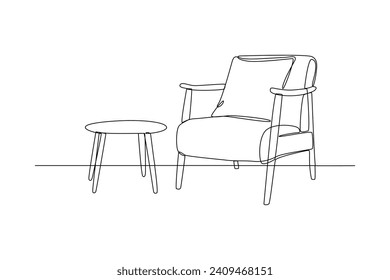 Tbale and chair for afternoon enjoy. Home decoration minimalist concept. Simple continuous line, Simple line.