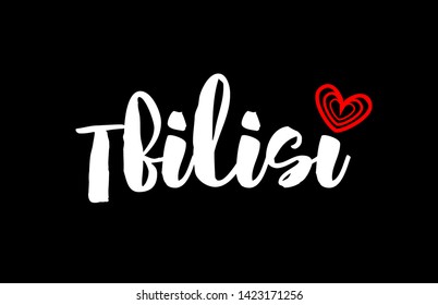 Tbilisi city text with red love heart design on black background for typographic logo icon design