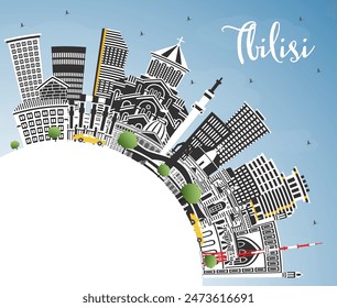 Tbilisi Georgia City Skyline with Color Buildings, Blue Sky and Copy Space. Vector Illustration. Tbilisi Cityscape with Landmarks. Business Travel and Tourism Concept with Historic Architecture.