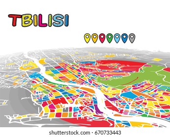 Tbilisi, Georgia, Downtown 3D Vector Map of Famous Streets. Bright foreground full of colors. White Streets, Waterways and grey background areal. White Horizon.