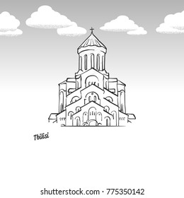 Tbilisi, Georgia famous landmark sketch. Lineart drawing by hand. Greeting card icon with title, vector illustration