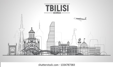 Tbilisi (Georgia) line skyline on a white background. Flat vector illustration. Business travel and tourism concept with modern buildings. Image for banner or web site.