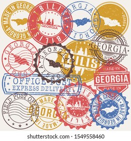 Tbilisi Georgia Set of Stamps. Travel Stamp. Made In Product. Design Seals Old Style Insignia.