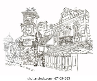 Tbilisi, Georgia, A Sketch Of A Curve Tower With A Clock And An Art Cafe Near Puppet Theater