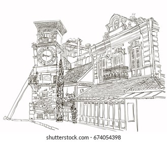 Tbilisi, Georgia, A Sketch Of A Curve Tower With A Clock And An Art Cafe Near Puppet Theater