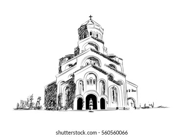 TBILISI, GEORGIA - Tsminda Sameba, Georgian Orthodox Cathedral. Hand created vector sketch.