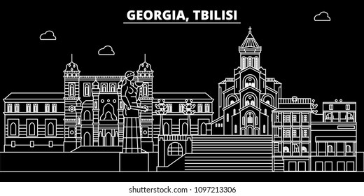 Tbilisi silhouette skyline. Georgia - Tbilisi vector city, georgian linear architecture, buildings. Tbilisi travel illustration, outline landmarks. Georgia flat icons, georgian line banner
