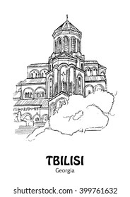 TBILISI (TIFLIS), GEORGIA - Tsminda Sameba, Georgian Orthodox Cathedral. Hand created sketch plus vector