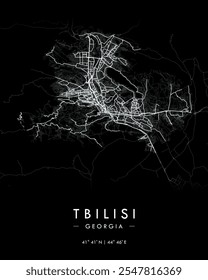 Tbilisi vector map in dark theme. Detailed map of Tbilisi in Georgia. Best free vector illustration. Tourist decorative street map.