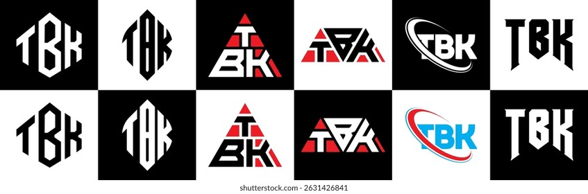 TBK letter logo design in six style. TBK polygon, circle, triangle, hexagon, flat and simple style with black and white color variation letter logo set in one artboard. TBK minimalist and classic logo