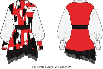 TBold Abstract Brushstroke Wrap Blouse Vector: Contemporary Womenswear Technical Flat Sketch with Red Black Print, White Balloon Sleeves, Asymmetrical Hem, and Wide Black Waist Tie Fashion Design