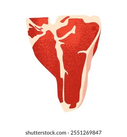 T-bone beef steak. Cartoon raw meat fillet with bone, flat porterhouse ribeye brisket beef steak slice for restaurant menu food. Vector isolated illustration.