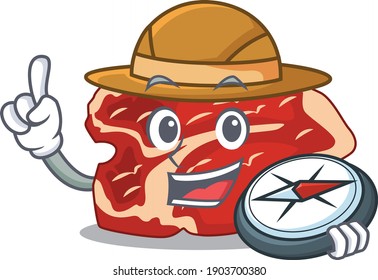 T-bone mascot design style of explorer using a compass during the journey. Vector illustration
