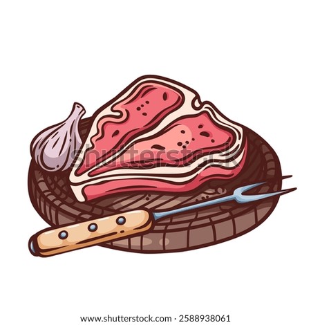 Tbone raw beef steak on wooden board. Outline hand drawn color sketch of gourmet juicy beefsteak with fork and garlic. BBQ meat, restaurant menu mascot, fresh cow meat steak icon vector illustration